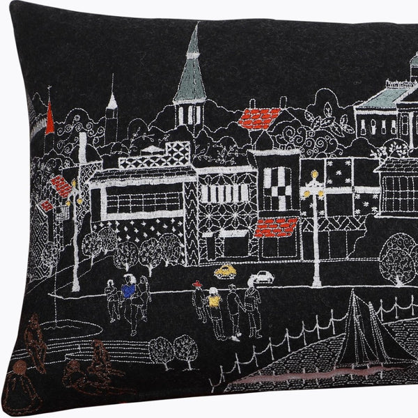 HomeRoots 14" Coastal Charm Black and White Wool Lumbar Throw Pillow with Embroidered Annapolis Design 482474