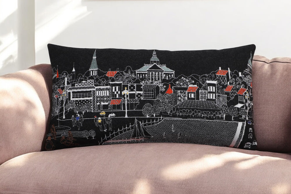 HomeRoots 14" Coastal Charm Black and White Wool Lumbar Throw Pillow with Embroidered Annapolis Design 482474
