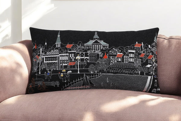 HomeRoots 14" Coastal Charm Black and White Wool Lumbar Throw Pillow with Embroidered Annapolis Design 482474