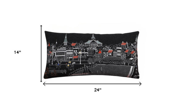 HomeRoots 14" Coastal Charm Black and White Wool Lumbar Throw Pillow with Embroidered Annapolis Design 482474
