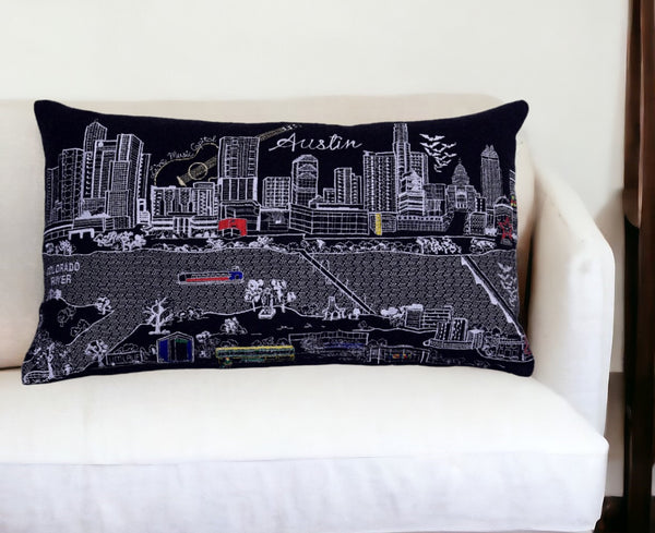 Homeroots 25" Black Atlanta Nighttime Skyline Lumbar Decorative Pillow   482476