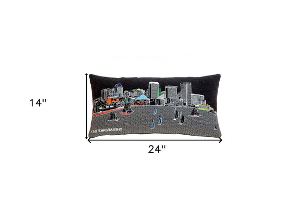 Homeroots 25" Black Austin Nighttime Skyline Lumbar Decorative Pillow   482478