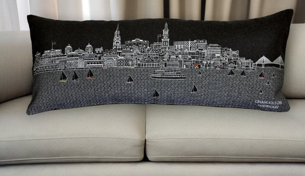 Homeroots 25" Black Charleston Nighttime Skyline Lumbar Decorative Pillow   482480