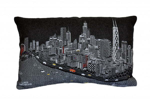 Homeroots 25" Black Chicago Nighttime Skyline Lumbar Decorative Pillow   482482