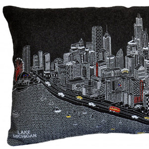 Homeroots 25" Black Chicago Nighttime Skyline Lumbar Decorative Pillow   482482