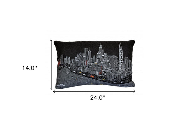 Homeroots 25" Black Chicago Nighttime Skyline Lumbar Decorative Pillow   482482