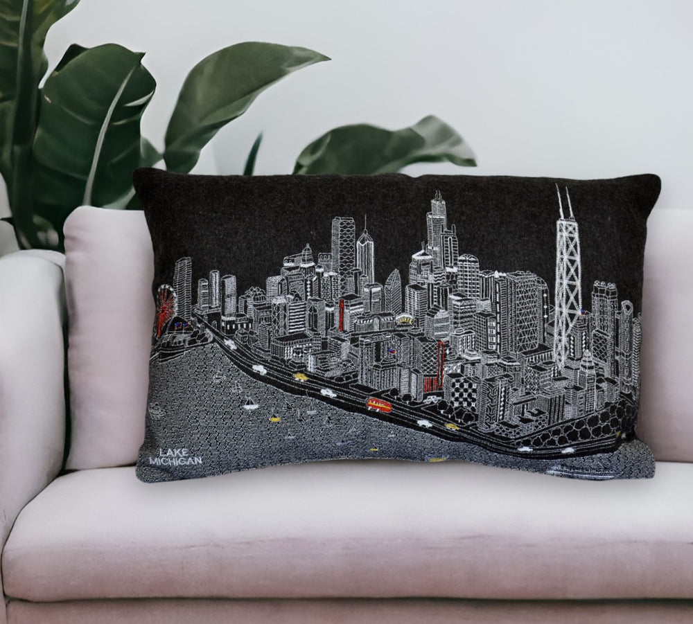 Homeroots 25" Black Chicago Nighttime Skyline Lumbar Decorative Pillow   482482