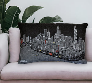 Homeroots 25" Black Chicago Nighttime Skyline Lumbar Decorative Pillow   482482
