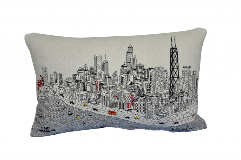 Homeroots 25" White Chicago Daylight Skyline Lumbar Decorative Pillow   482483
