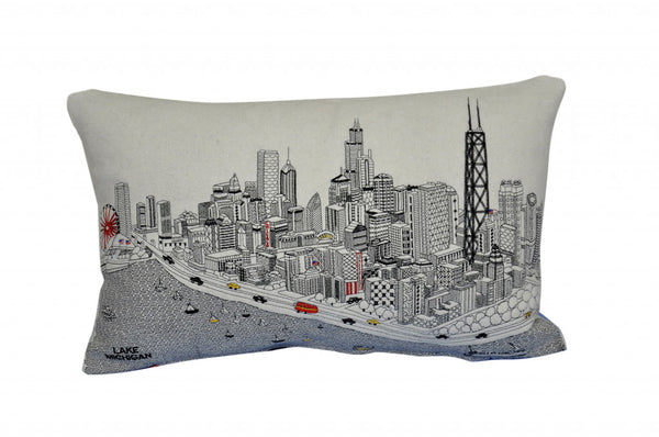 Homeroots 25" White Chicago Daylight Skyline Lumbar Decorative Pillow   482483