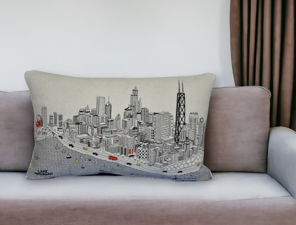 Homeroots 25" White Chicago Daylight Skyline Lumbar Decorative Pillow   482483
