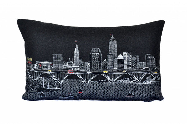 Homeroots 25" Black Cleveland Nighttime Skyline Lumbar Decorative Pillow   482484