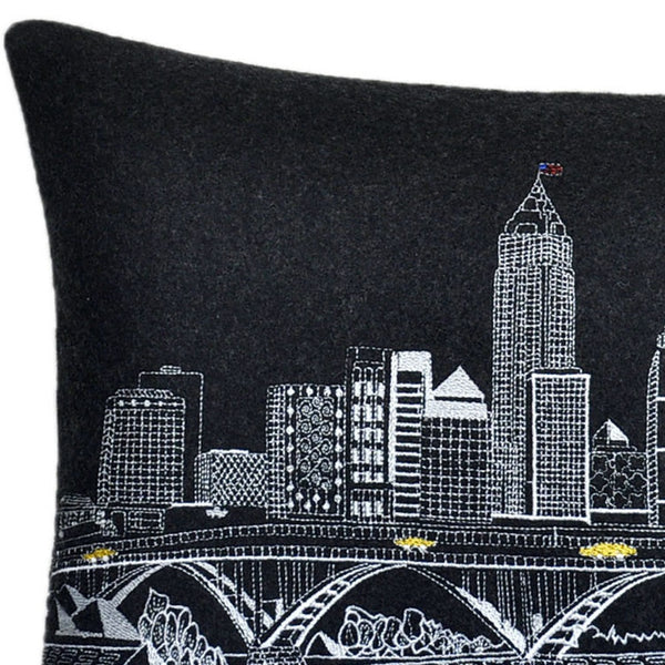Homeroots 25" Black Cleveland Nighttime Skyline Lumbar Decorative Pillow   482484