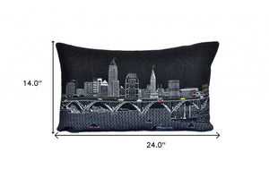 Homeroots 25" Black Cleveland Nighttime Skyline Lumbar Decorative Pillow   482484