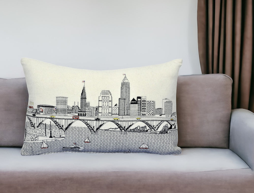 Homeroots 25" White Cleveland Daylight Skyline Lumbar Decorative Pillow   482485
