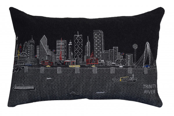 Homeroots 25" Black Dallas Nighttime Skyline Lumbar Decorative Pillow   482486