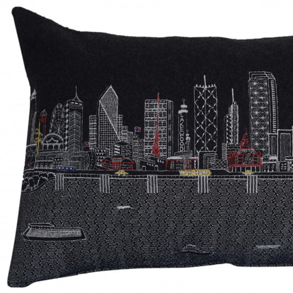 Homeroots 25" Black Dallas Nighttime Skyline Lumbar Decorative Pillow   482486