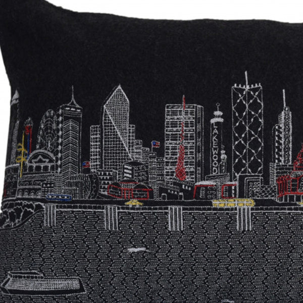 Homeroots 25" Black Dallas Nighttime Skyline Lumbar Decorative Pillow   482486