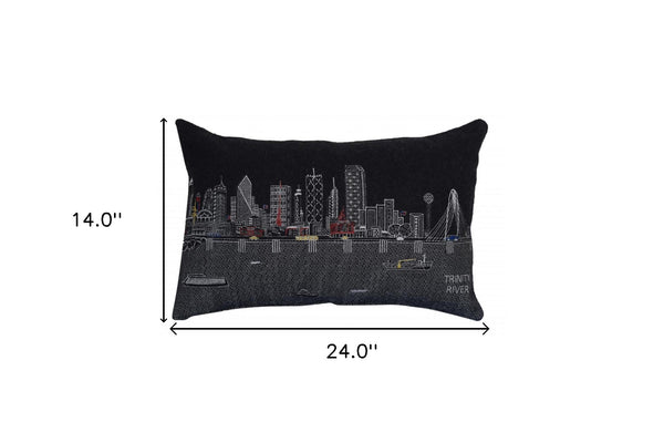 Homeroots 25" Black Dallas Nighttime Skyline Lumbar Decorative Pillow   482486