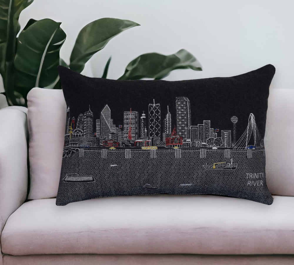Homeroots 25" Black Dallas Nighttime Skyline Lumbar Decorative Pillow   482486
