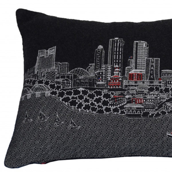 HomeRoots 14" Hometown Pride Wool Lumbar Pillow – Cozy Black & White Fort Worth Skyline Accent for Any Room 482488