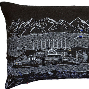 HomeRoots 14" Handcrafted Wool Lumbar Pillow - Black, Gray & White Cityscape Decor for Support & Style 482492