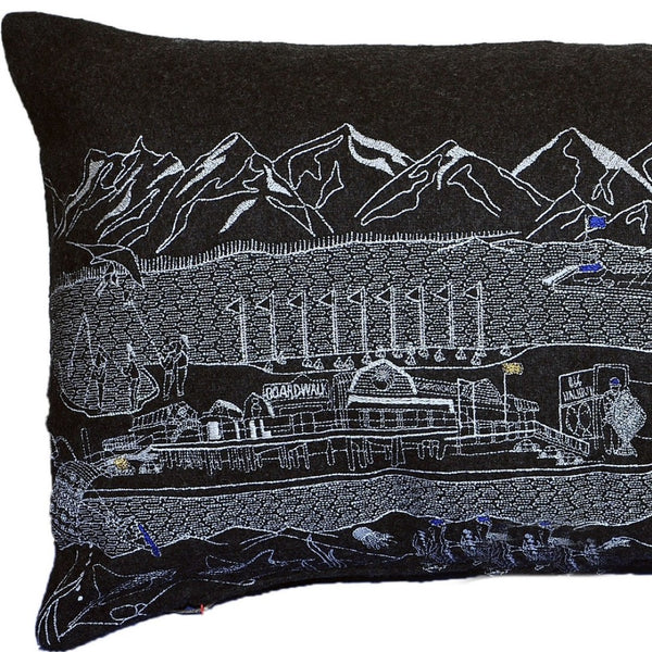 HomeRoots 14" Handcrafted Wool Lumbar Pillow - Black, Gray & White Cityscape Decor for Support & Style 482492