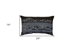 HomeRoots 14" Handcrafted Wool Lumbar Pillow - Black, Gray & White Cityscape Decor for Support & Style 482492