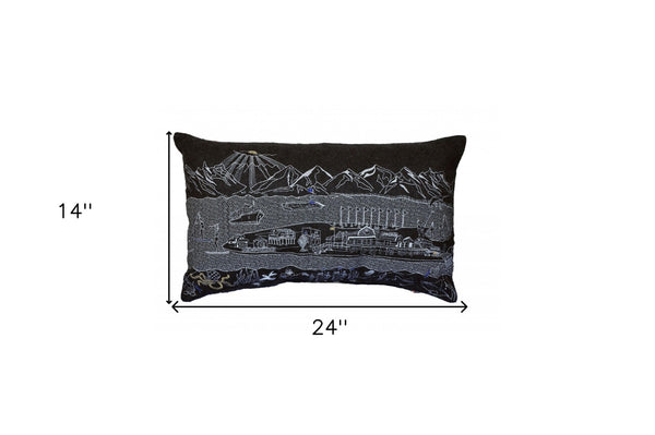 HomeRoots 14" Handcrafted Wool Lumbar Pillow - Black, Gray & White Cityscape Decor for Support & Style 482492
