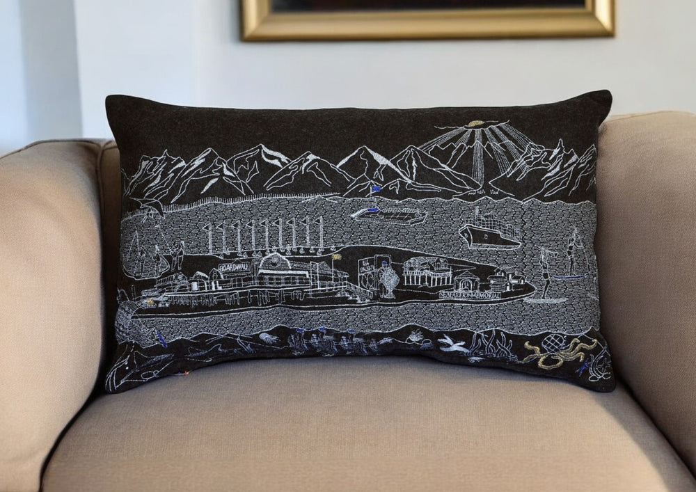 HomeRoots 14" Handcrafted Wool Lumbar Pillow - Black, Gray & White Cityscape Decor for Support & Style 482492