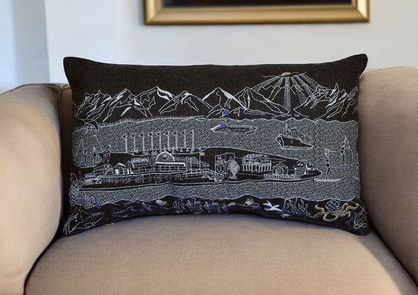 HomeRoots 14" Handcrafted Wool Lumbar Pillow - Black, Gray & White Cityscape Decor for Support & Style 482492