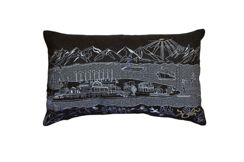HomeRoots 14" Handcrafted Wool Lumbar Pillow - Black, Gray & White Cityscape Decor for Support & Style 482492
