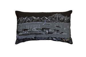 HomeRoots 14" Handcrafted Wool Lumbar Pillow - Black, Gray & White Cityscape Decor for Support & Style 482492