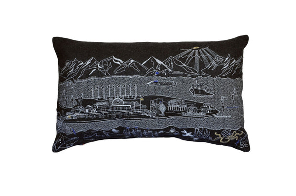 HomeRoots 14" Handcrafted Wool Lumbar Pillow - Black, Gray & White Cityscape Decor for Support & Style 482492