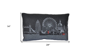 HomeRoots 14" Wool Lumbar Throw Pillow - Black, Gray & White Cityscape Design for Cozy Home Accents 482498