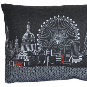 HomeRoots 14" Wool Lumbar Throw Pillow - Black, Gray & White Cityscape Design for Cozy Home Accents 482498
