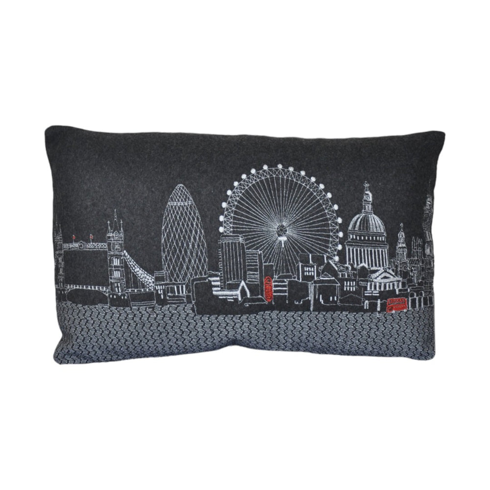 HomeRoots 14" Wool Lumbar Throw Pillow - Black, Gray & White Cityscape Design for Cozy Home Accents 482498