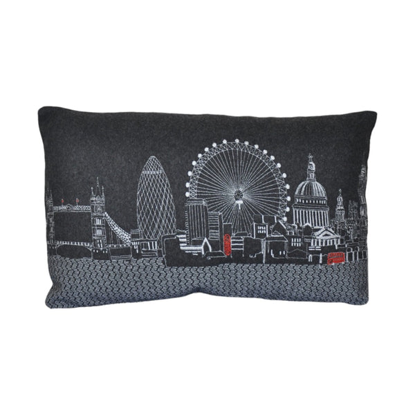 HomeRoots 14" Wool Lumbar Throw Pillow - Black, Gray & White Cityscape Design for Cozy Home Accents 482498