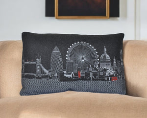 HomeRoots 14" Wool Lumbar Throw Pillow - Black, Gray & White Cityscape Design for Cozy Home Accents 482498