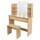 English Elm Vanity Desk Set Stool & Dressing Table With Led Lighting Mirror Drawer and Compartments Modern Wood Cosmetic Table Chest Of Drawers Nature Color