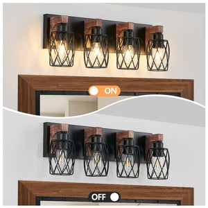 English Elm 24" Industrial Vintage 4-Light Wall Sconce with Black Iron Cage and Walnut Wood Accents for Bathroom W2312P374838