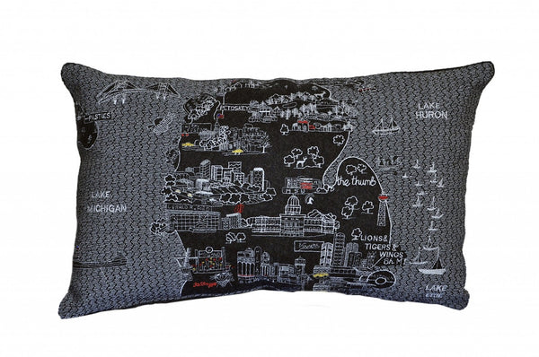 HomeRoots 14" Black Gray & White Michigan Lower Peninsula Wool Lumbar Pillow - Cozy Support & Style! 482502