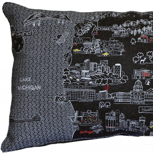 HomeRoots 14" Black Gray & White Michigan Lower Peninsula Wool Lumbar Pillow - Cozy Support & Style! 482502