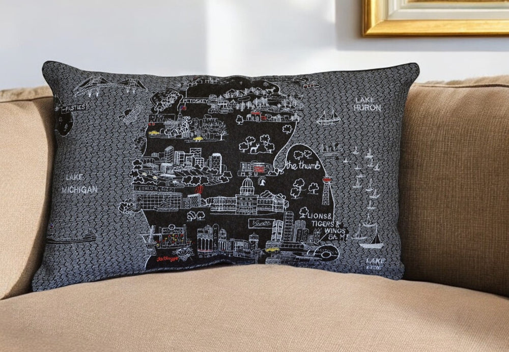 HomeRoots 14" Black Gray & White Michigan Lower Peninsula Wool Lumbar Pillow - Cozy Support & Style! 482502