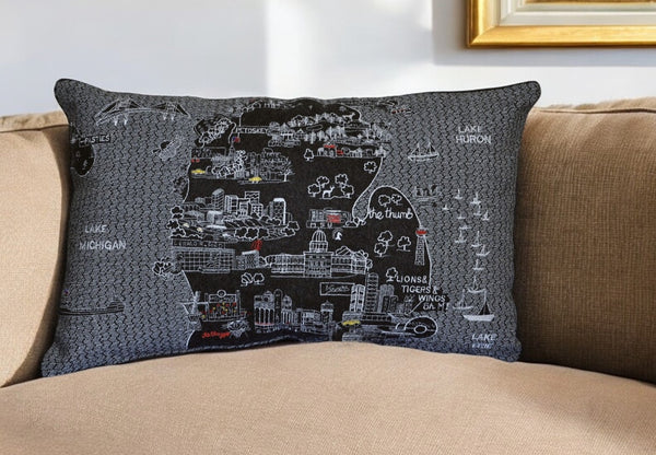 HomeRoots 14" Black Gray & White Michigan Lower Peninsula Wool Lumbar Pillow - Cozy Support & Style! 482502