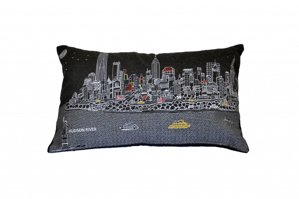 HomeRoots 14" Urban Charm Wool Lumbar Throw Pillow with NYC Skyline Embroidery for Cozy Living Spaces 482510
