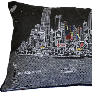 HomeRoots 14" Urban Charm Wool Lumbar Throw Pillow with NYC Skyline Embroidery for Cozy Living Spaces 482510