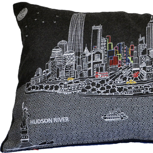 HomeRoots 14" Urban Charm Wool Lumbar Throw Pillow with NYC Skyline Embroidery for Cozy Living Spaces 482510