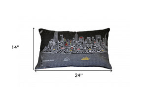 HomeRoots 14" Urban Charm Wool Lumbar Throw Pillow with NYC Skyline Embroidery for Cozy Living Spaces 482510