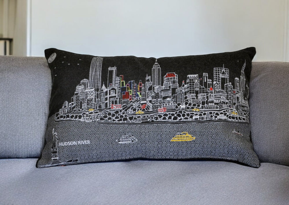 HomeRoots 14" Urban Charm Wool Lumbar Throw Pillow with NYC Skyline Embroidery for Cozy Living Spaces 482510